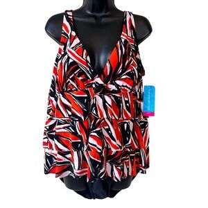 Tropical Escape Womens Plus Triple Tiered Orange Miami Palm Swimsuit